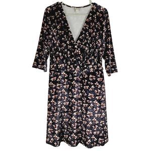 Yumi black floral print velvet long sleeved midi wrap dress size 14